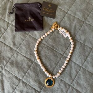 Julie Vos Gold and White Pearl Necklace with Iridescent Peacock Blue Pendant